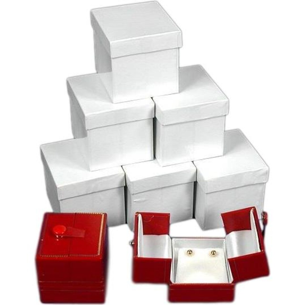 6 Leather Earring Boxes Red Jewelry Snap Lid Display